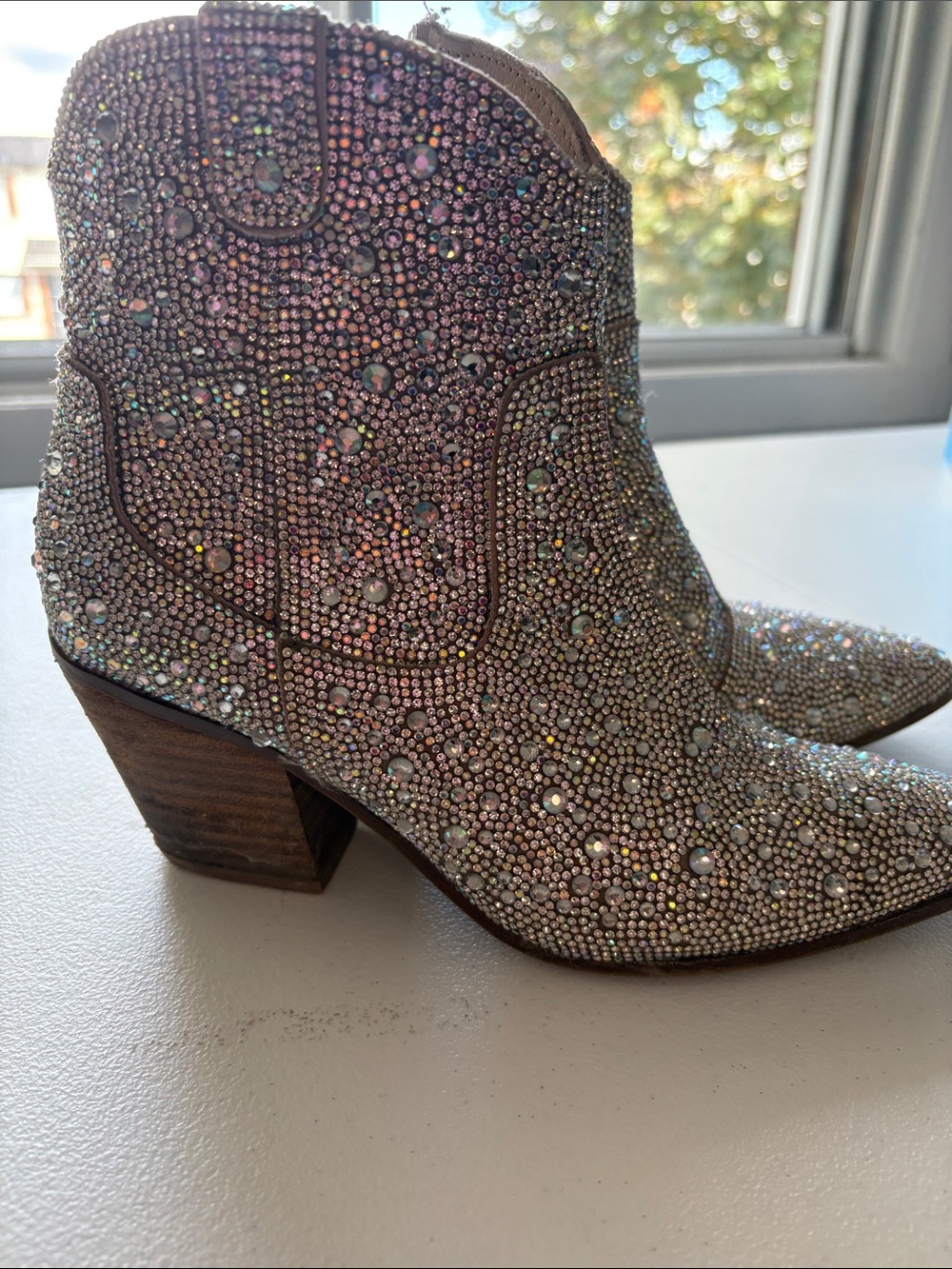 Crystal-Embellished Pink Ankle Booties with Block Heel